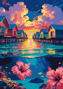 Tropical Overwater Bungalows with Underwater Scene