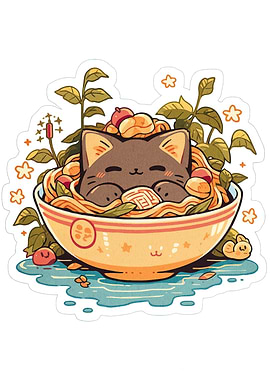 Cute Cat in Ramen Bowl Illustration