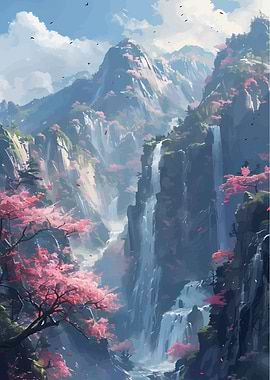 Mountain Waterfall with Cherry Blossoms