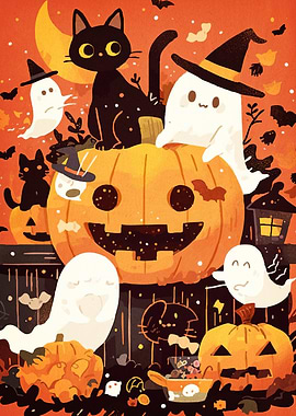 Halloween Cat Ghosts Pumpkins