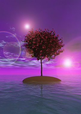 Tree on Island in Purple Sea