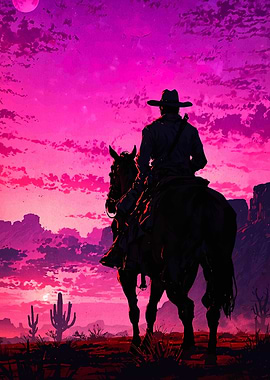Cowboy on Horseback at Sunset