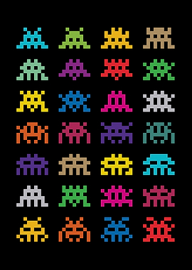 Colorful Pixelated Space Invaders on Black