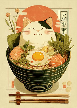 Cat in Ramen Bowl