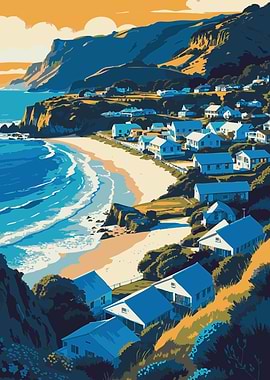 Coastal Village Landscape Illustration