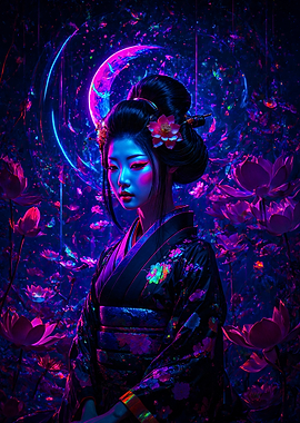 Neon Geisha with Floral Background Japan