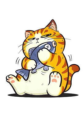 Cartoon Cat Eating Fish Illustration