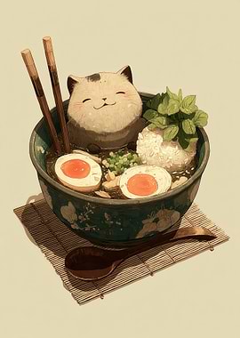Cat in Ramen Bowl