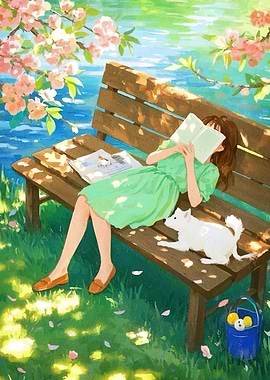 Girl Reading Dog Bench