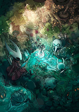Hollow Knight characters in a forest