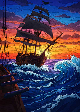 Pirate Ship at Sea Sunset
