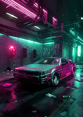Cyberpunk DeLorean in Neon Alley