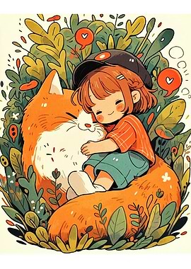 Girl hugging fox in garden illustration