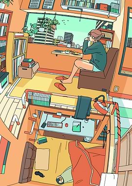 Cozy Room Illustration with City View