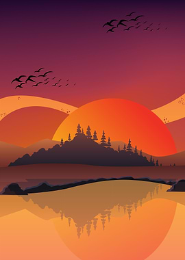 Sunset Landscape with Birds