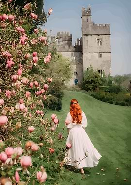 Woman in White Dress near Castle