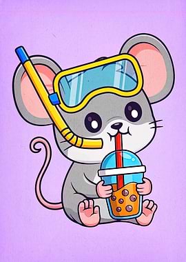 Cartoon Mouse with Boba Tea and Snorkel