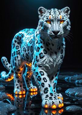 Bioluminescent Snow Leopard — 3D Neon Feline with Glowing Paws