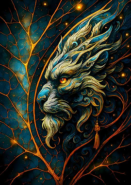 Abstract Fantasy #103 - Lion Head with Leaf Vein Background
