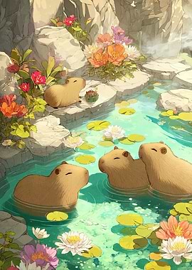 Capybaras Floral Pond