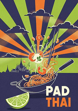 Pad Thai Illustration with Bangkok Skyline