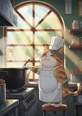 Cat Chef Cooking in Kitchen