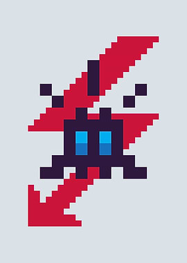 Pixelated Space Invader with Red Lightning