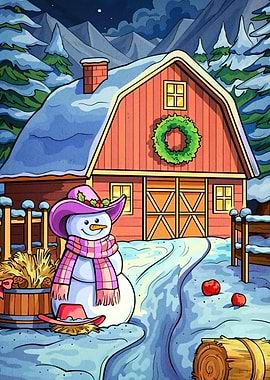 Winter Barn Scene Snowman