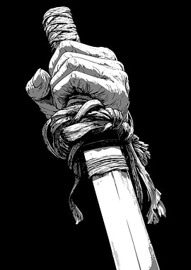 Hand gripping sword hilt illustration