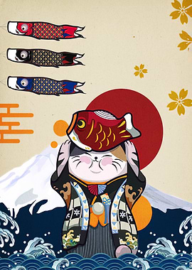 Japanese Cat with Koinobori and Mount Fuji