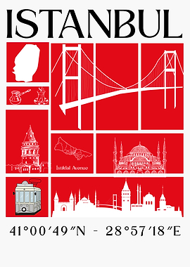 Istanbul Cityscape Red and White Poster