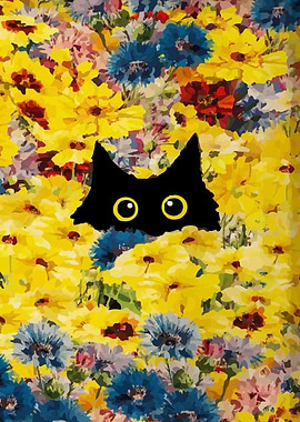 Black Cat in a Flower Field
