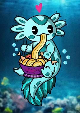 Cute Axolotl Eating Noodles