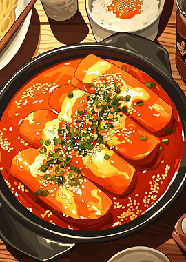 Tteokbokki Illustration with Toppings and Side Dishes