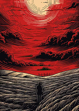 Red Sky, Lonely Figure, Field