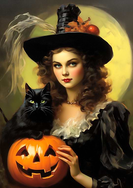 Vintage Halloween Witch with Black Cat