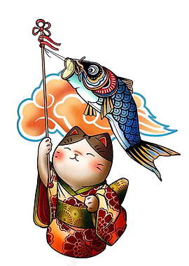 Maneki Neko with Koinobori Illustration