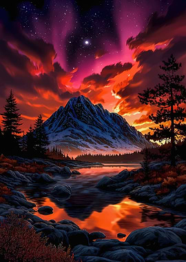 Mountain Lake at Sunset with Aurora