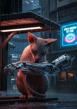 Cyberpunk Cat with Robotic Arm