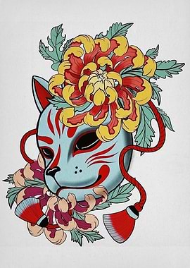 Kitsune Mask with Chrysanthemum Flowers