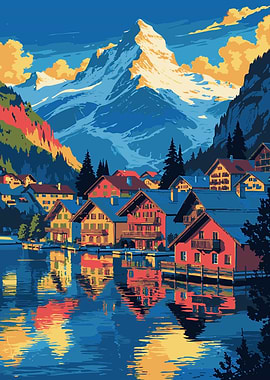 Mountain Village Lake Reflection Art