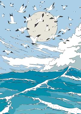 Seagulls Flying Over Ocean Waves