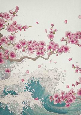Cherry Blossoms and Waves Illustration