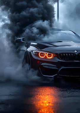Black BMW with Smoke and Orange Lights