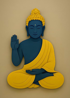 Buddha Illustration in Blue and Yellow