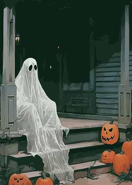 Ghost and Pumpkins on Porch