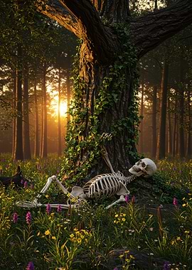 Skeleton Resting by Tree in Forest