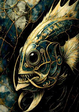 Abstract Fantasy #104 - Ornate Fish Illustration with Golden Accents