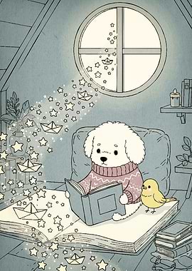 Dog reading book bird