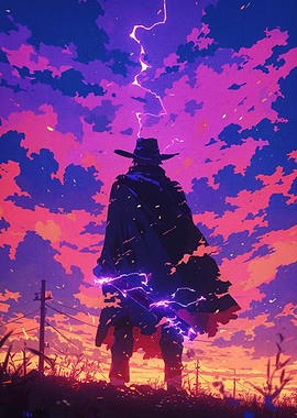 Cowboy Silhouette in Electric Storm